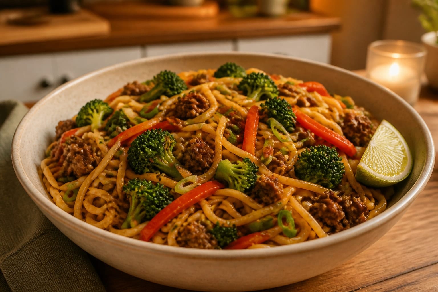Beef Broccoli Ginger Noodles with Soy Lime plated and ready to serve.