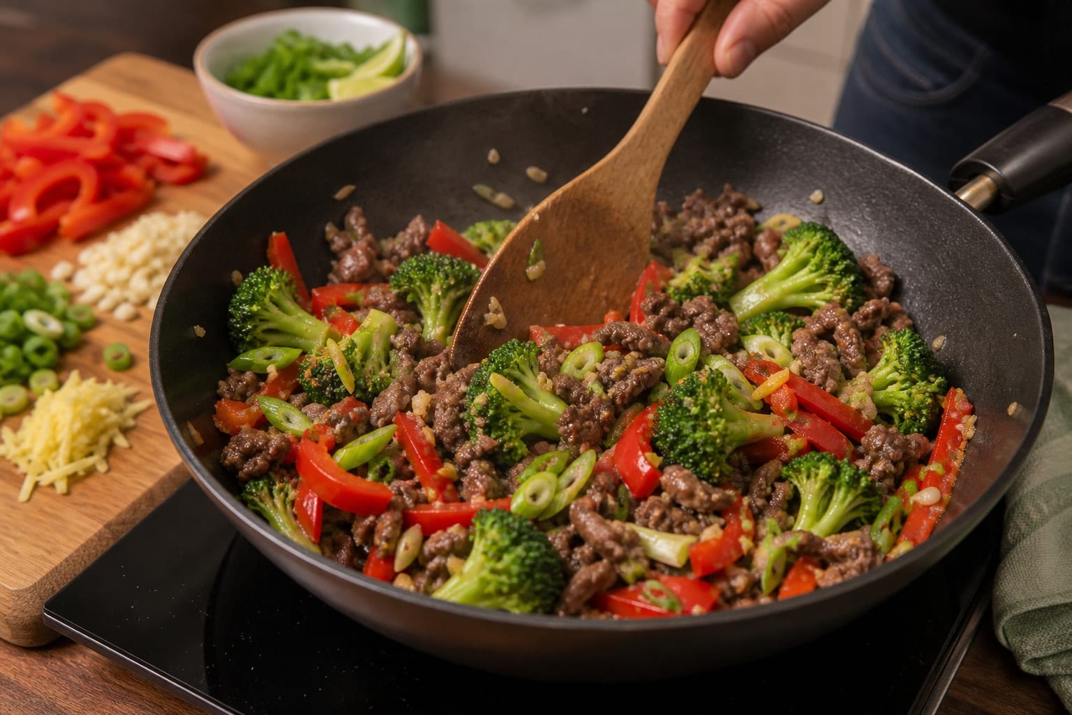 Beef Broccoli Ginger Noodles with Soy Lime cooking step 4: Add vegetables.