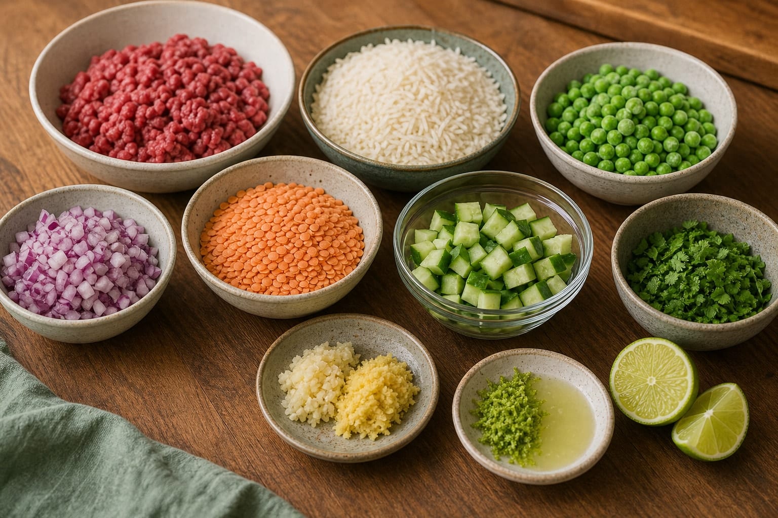 Beef Lentil Keema Rice with Peas and Cucumber cooking step 1: Prepare the bowls.