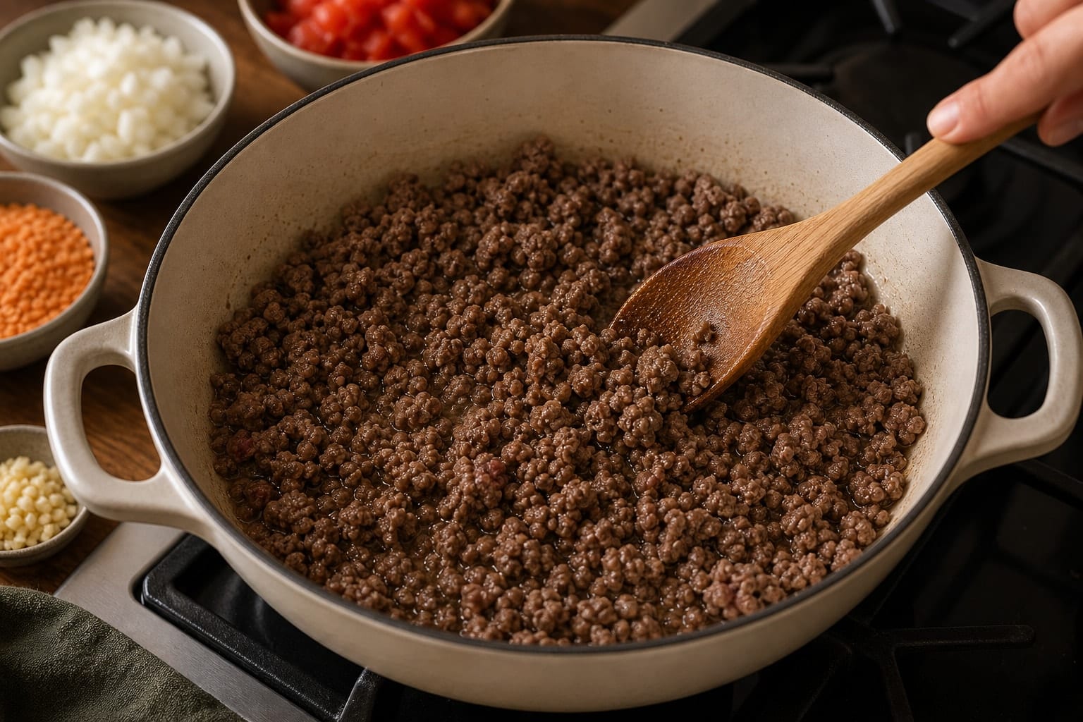 Beef Lentil Keema Rice with Peas and Cucumber cooking step 3: Brown the beef.