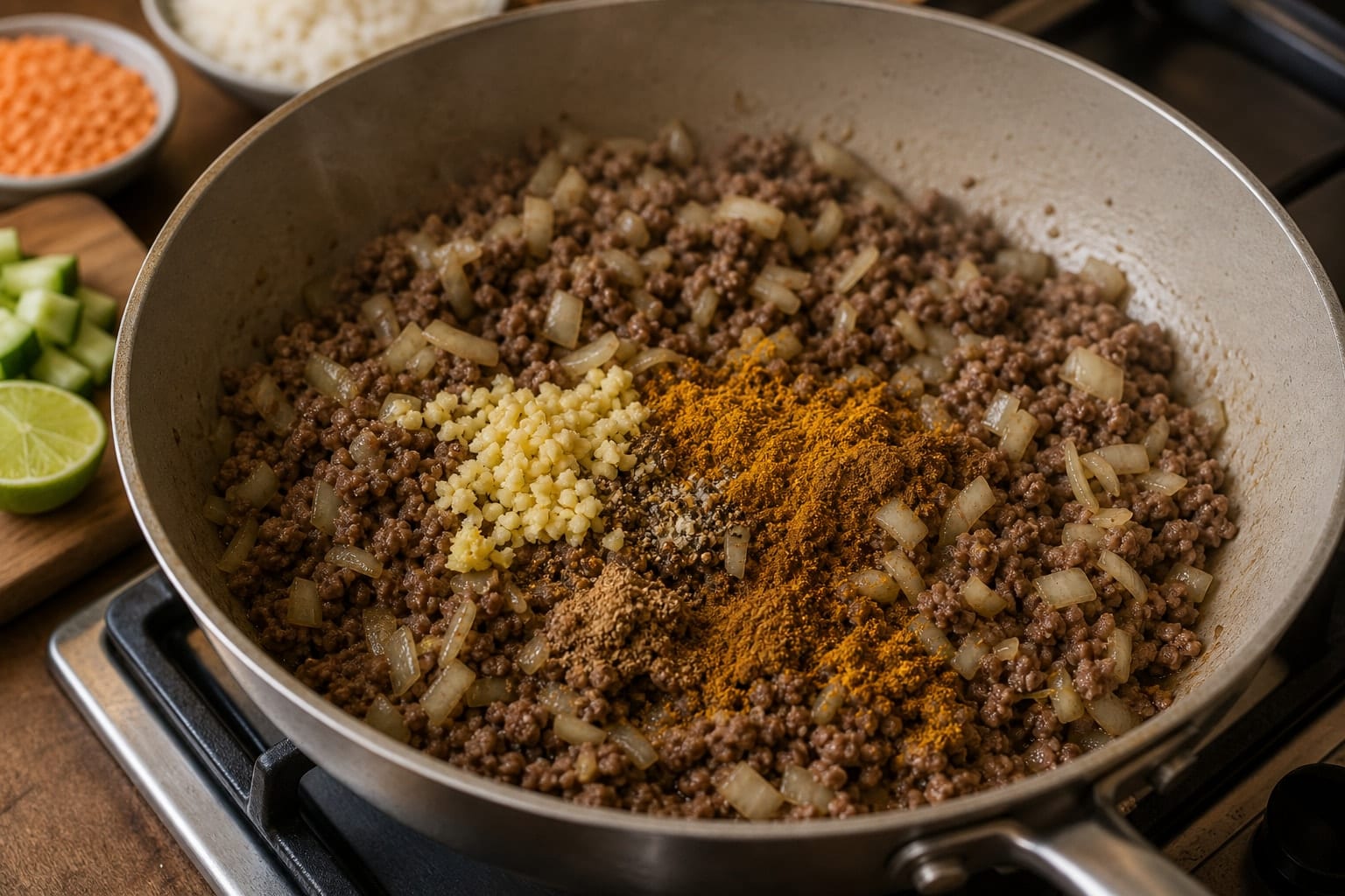 Beef Lentil Keema Rice with Peas and Cucumber cooking step 4: Build the spice base.