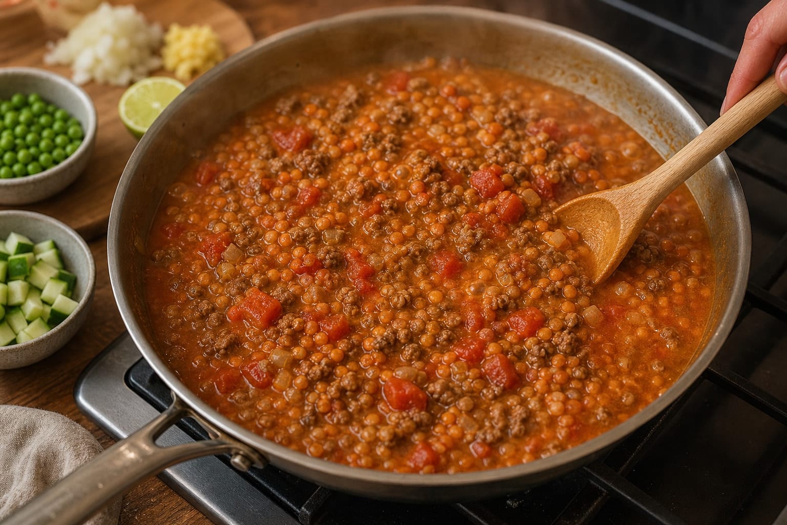 Beef Lentil Keema Rice with Peas and Cucumber cooking step 5: Simmer the lentils.