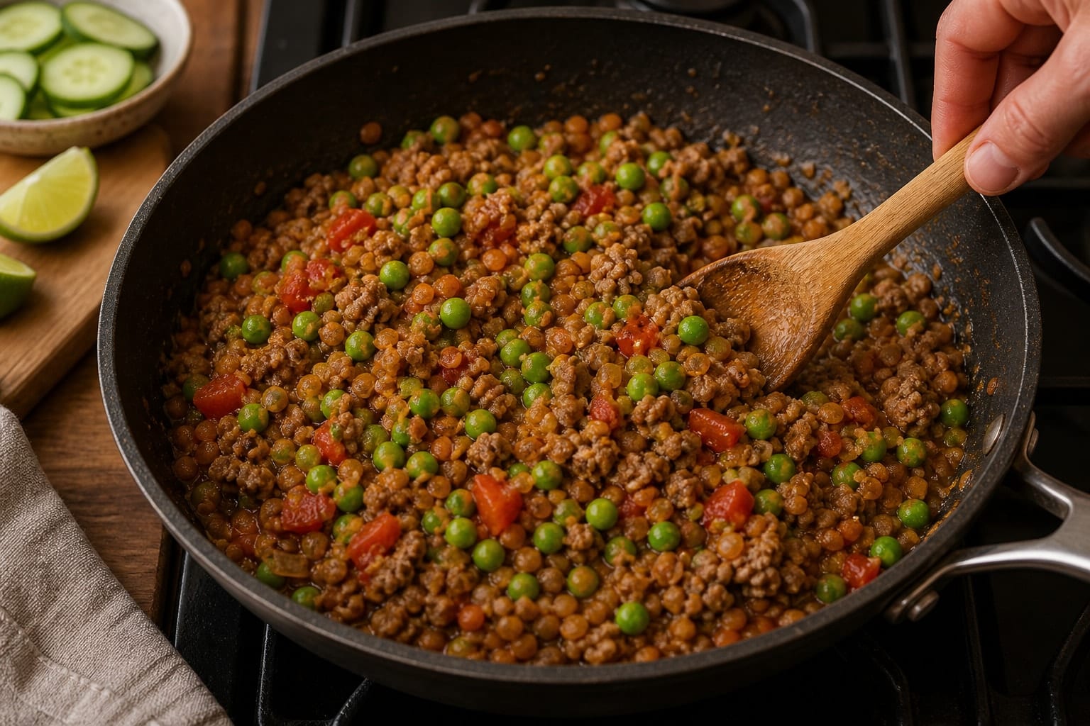 Beef Lentil Keema Rice with Peas and Cucumber cooking step 6: Add the peas.