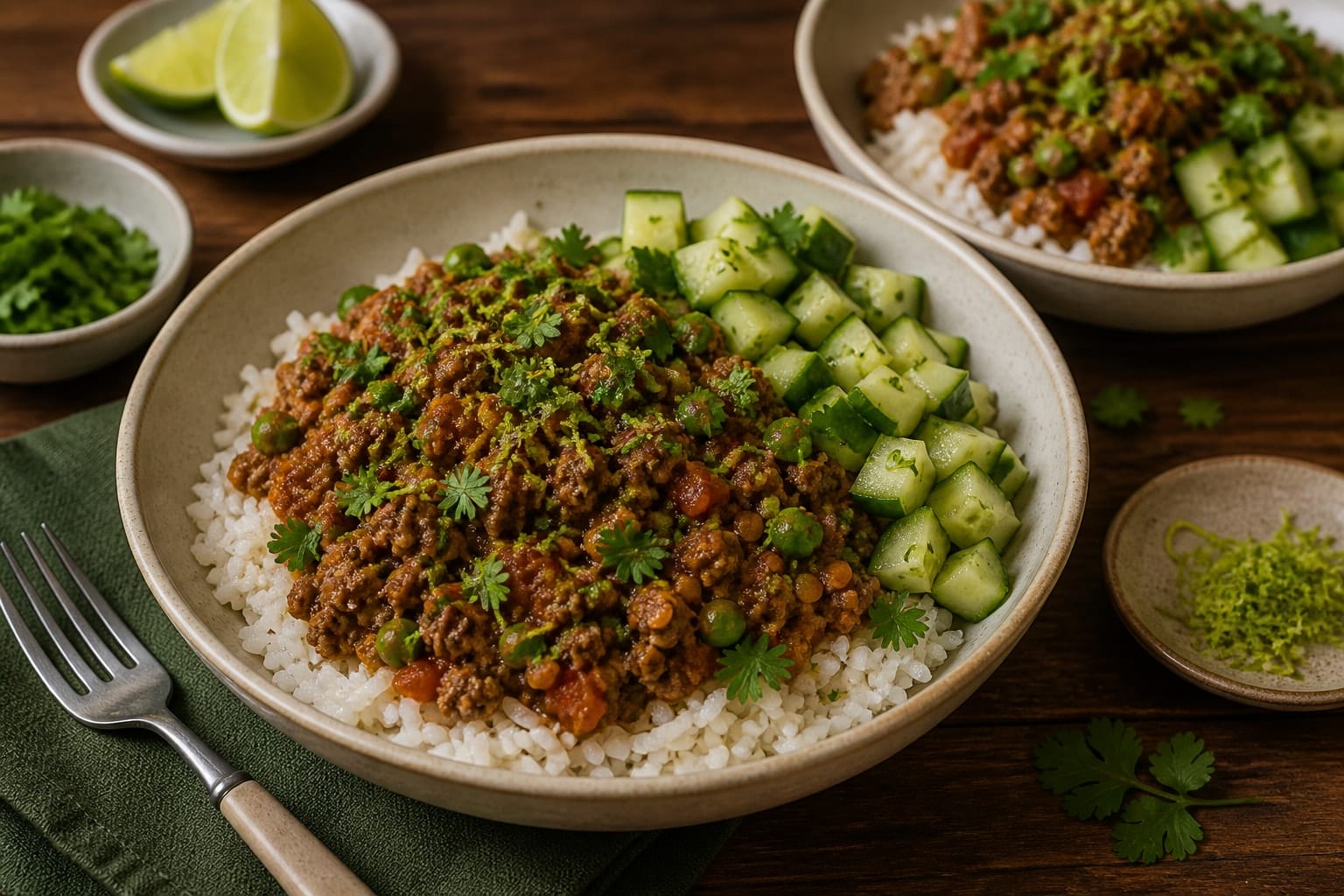 Beef Lentil Keema Rice with Peas and Cucumber cooking step 7: Serve with cucumber.