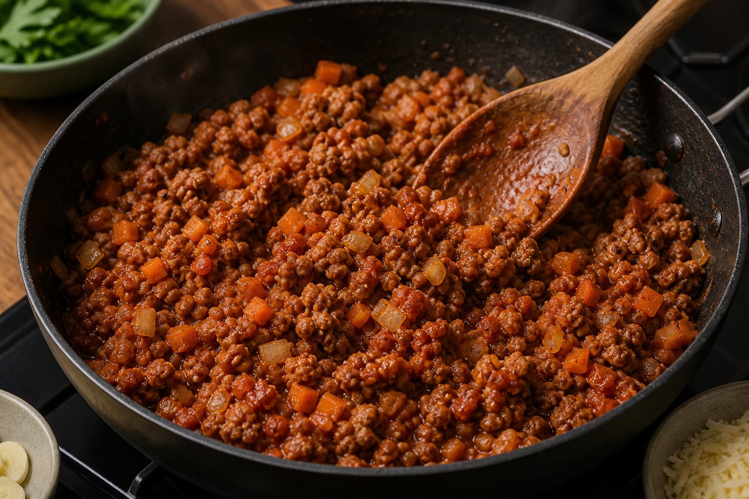Beef Tomato Ragu with Pasta and Spinach cooking step 3: Build the sauce.