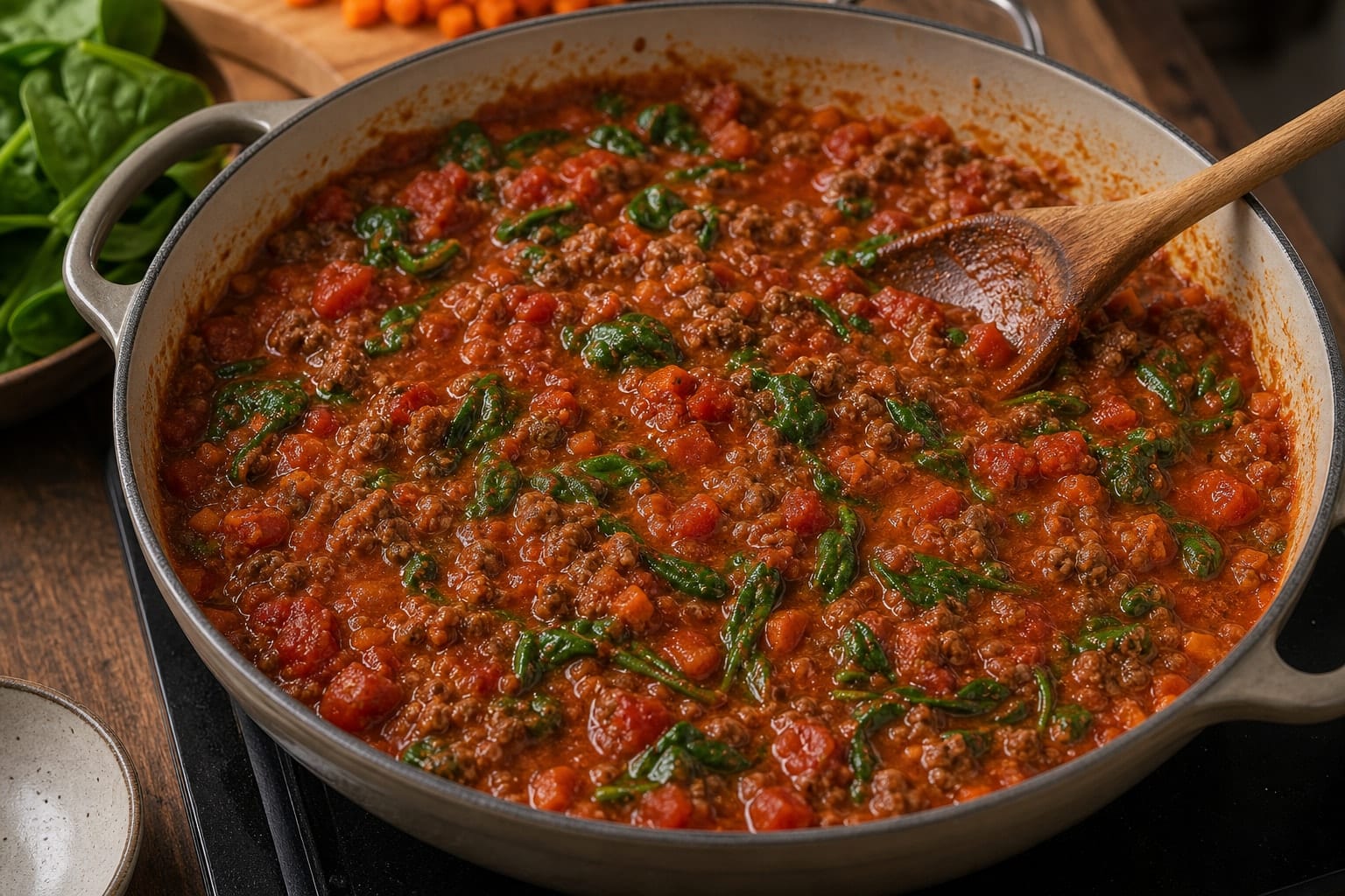 Beef Tomato Ragu with Pasta and Spinach cooking step 4: Simmer the ragu.