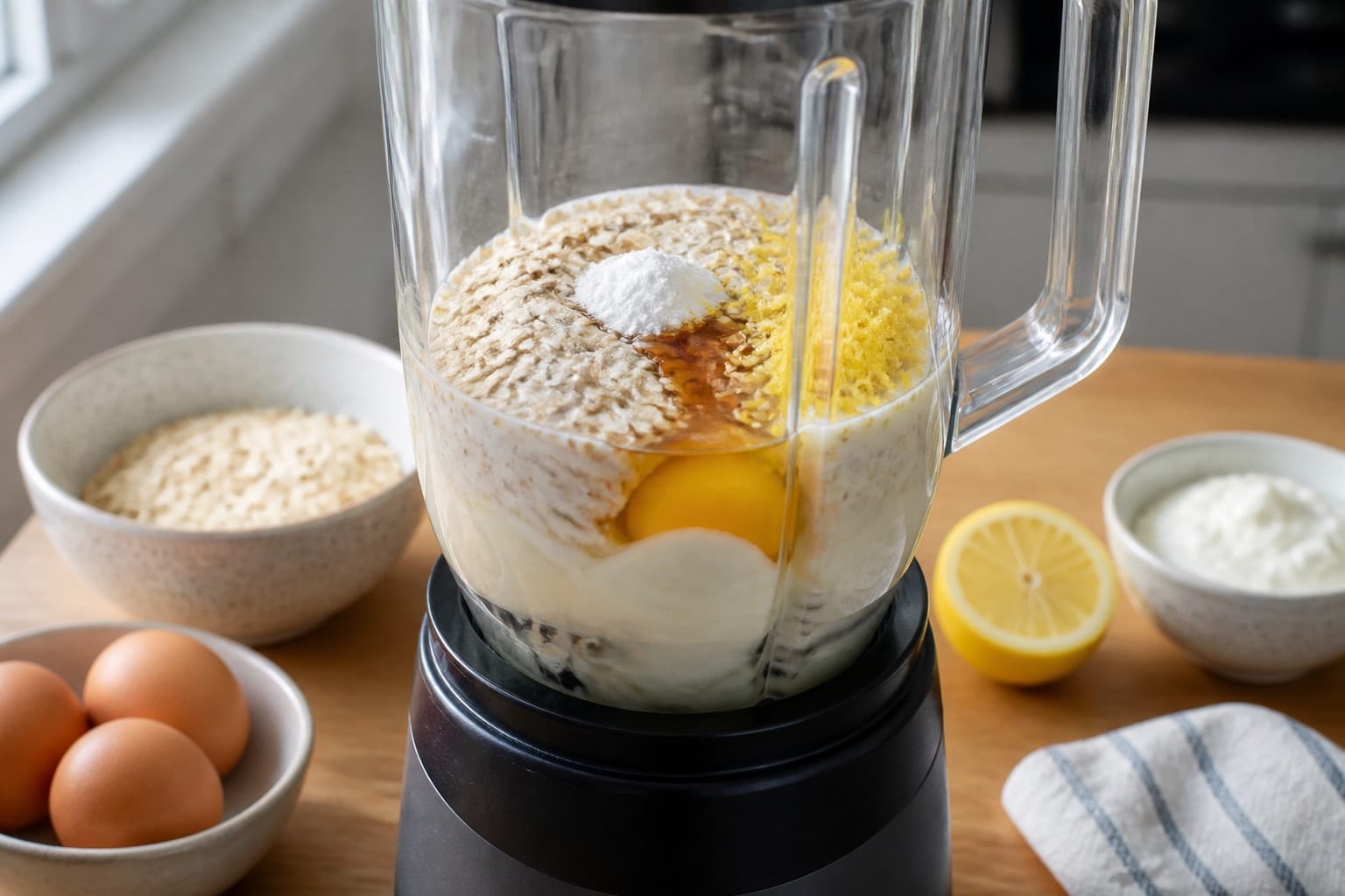Blueberry Yoghurt Oat Pancakes with Lemon cooking step 1: Blend the batter.