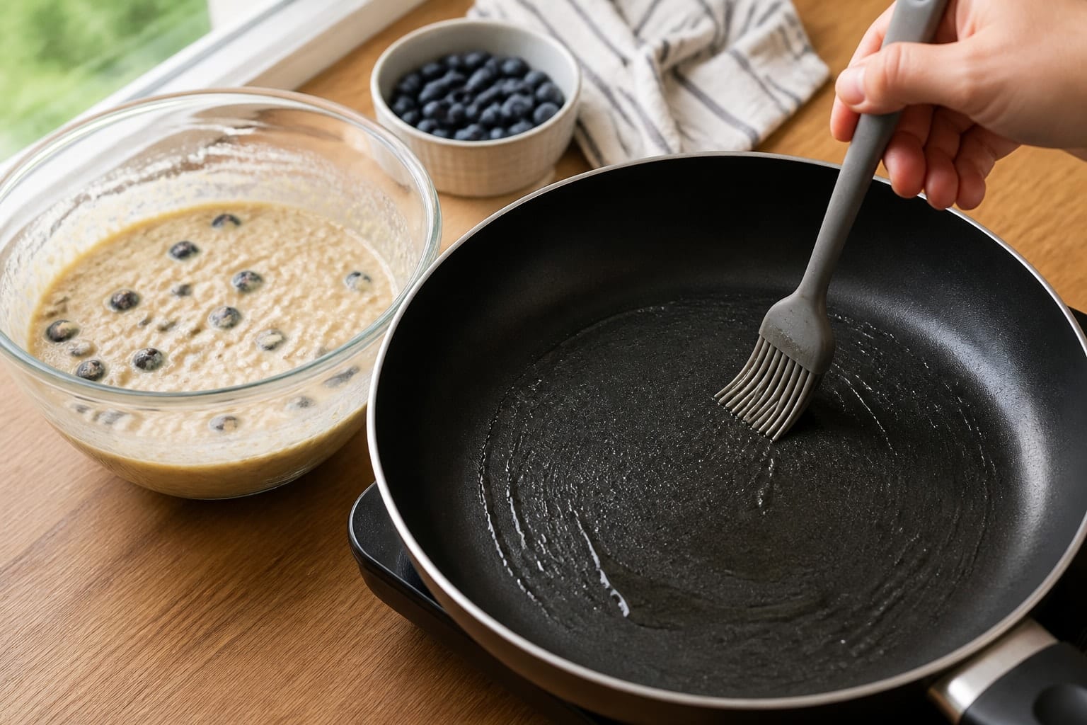 Blueberry Yoghurt Oat Pancakes with Lemon cooking step 3: Heat the pan.