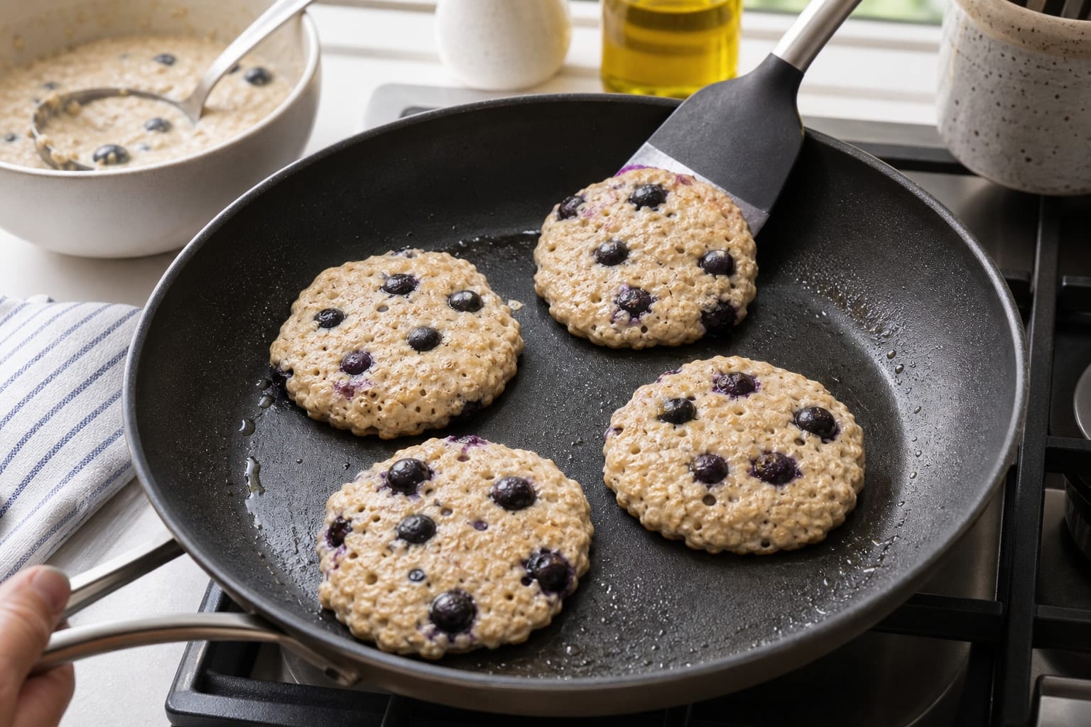 Blueberry Yoghurt Oat Pancakes with Lemon cooking step 4: Cook the pancakes.
