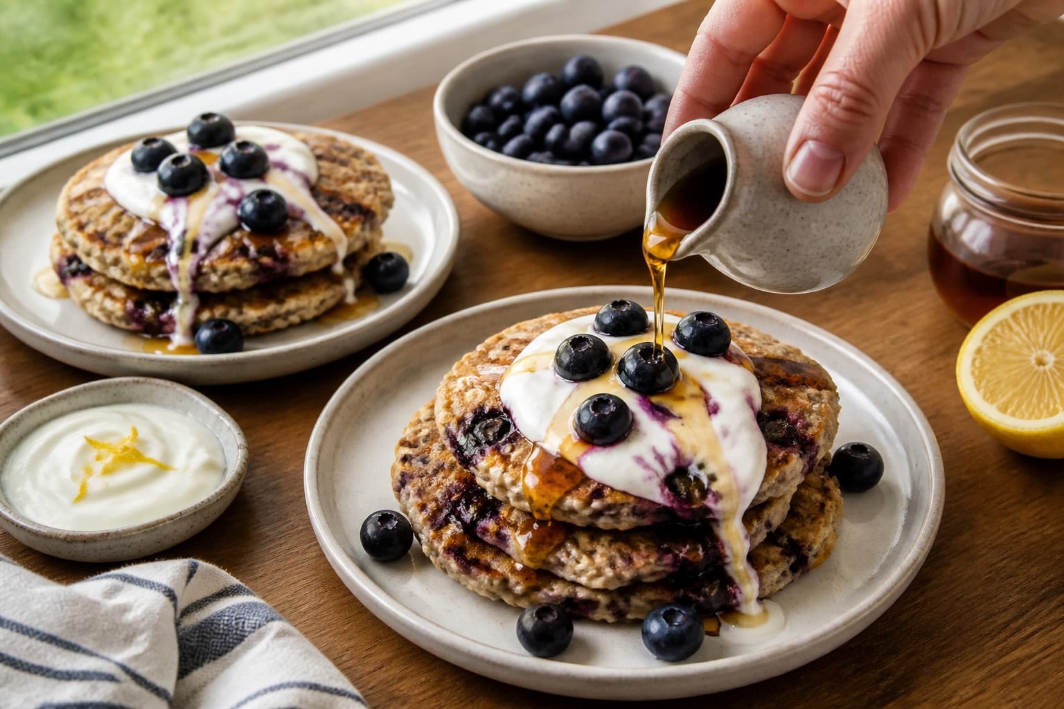 Blueberry Yoghurt Oat Pancakes with Lemon cooking step 5: Serve with blueberries.