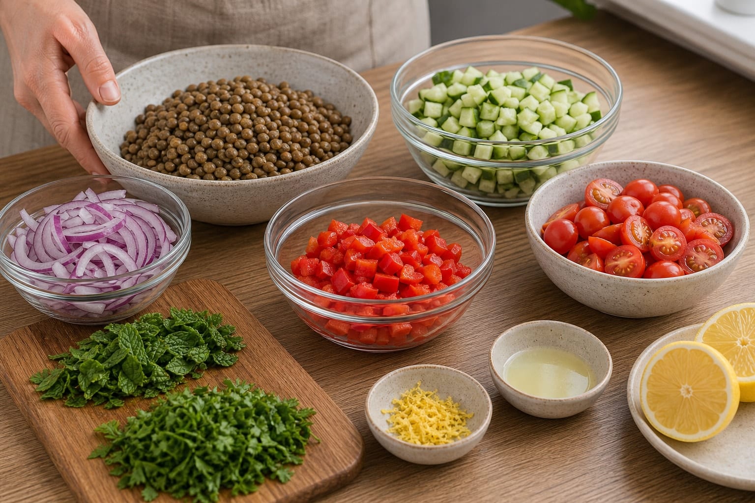 Chicken Caesar Pasta Salad Boxes with Cucumber Crunch cooking step 1: Prepare the salad.