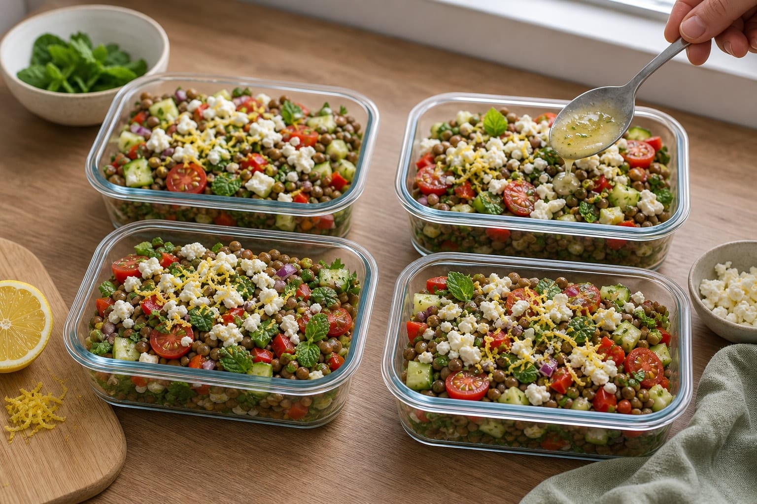 Chicken Caesar Pasta Salad Boxes with Cucumber Crunch cooking step 5: Build the boxes.
