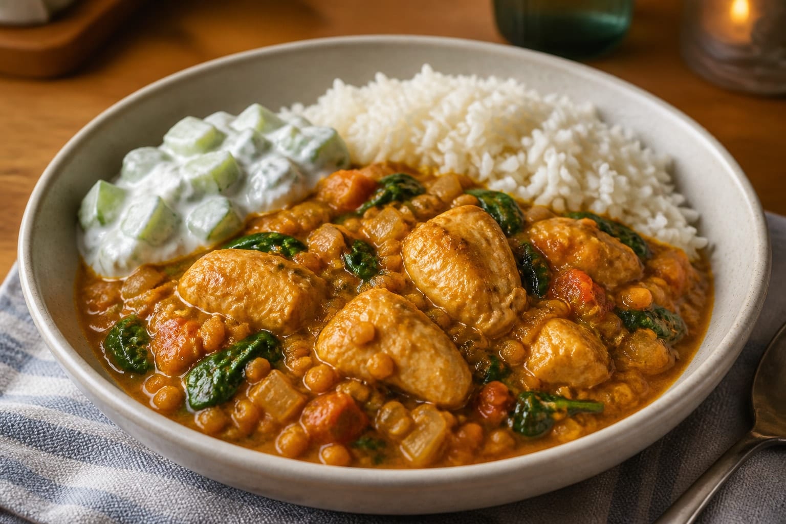 Chicken Lentil Spinach Curry Rice with Cucumber Yoghurt plated and ready to serve.