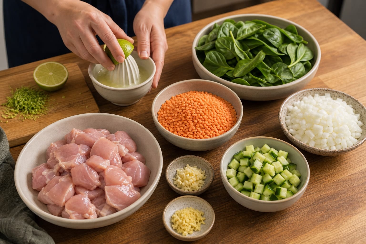 Chicken Lentil Spinach Curry Rice with Cucumber Yoghurt cooking step 1: Prepare the curry.