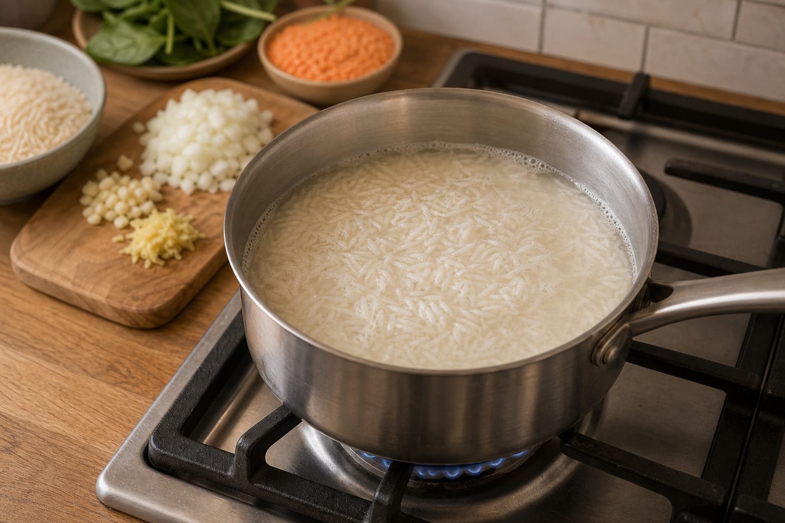 Chicken Lentil Spinach Curry Rice with Cucumber Yoghurt cooking step 2: Cook the rice.