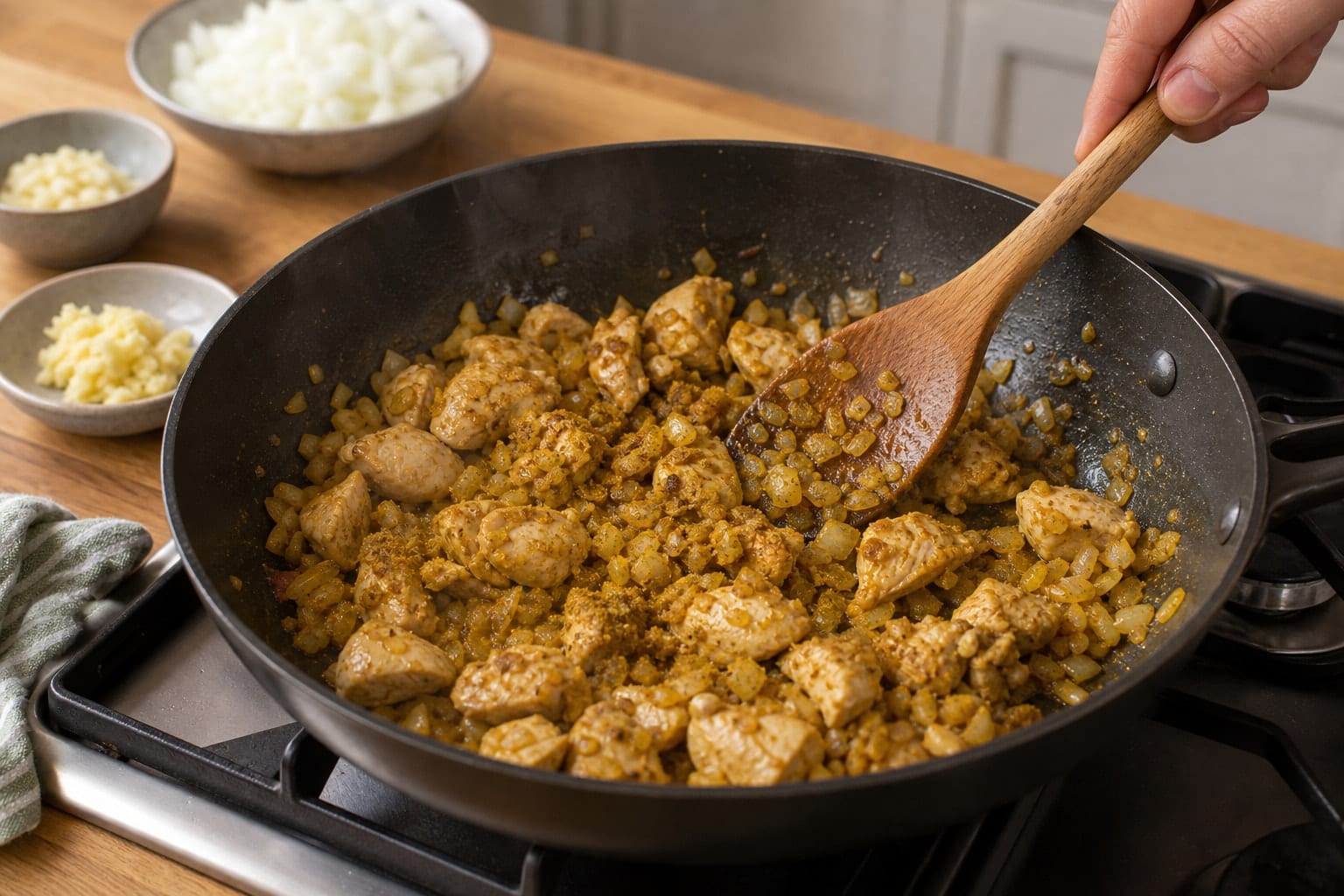 Chicken Lentil Spinach Curry Rice with Cucumber Yoghurt cooking step 4: Build the spice base.