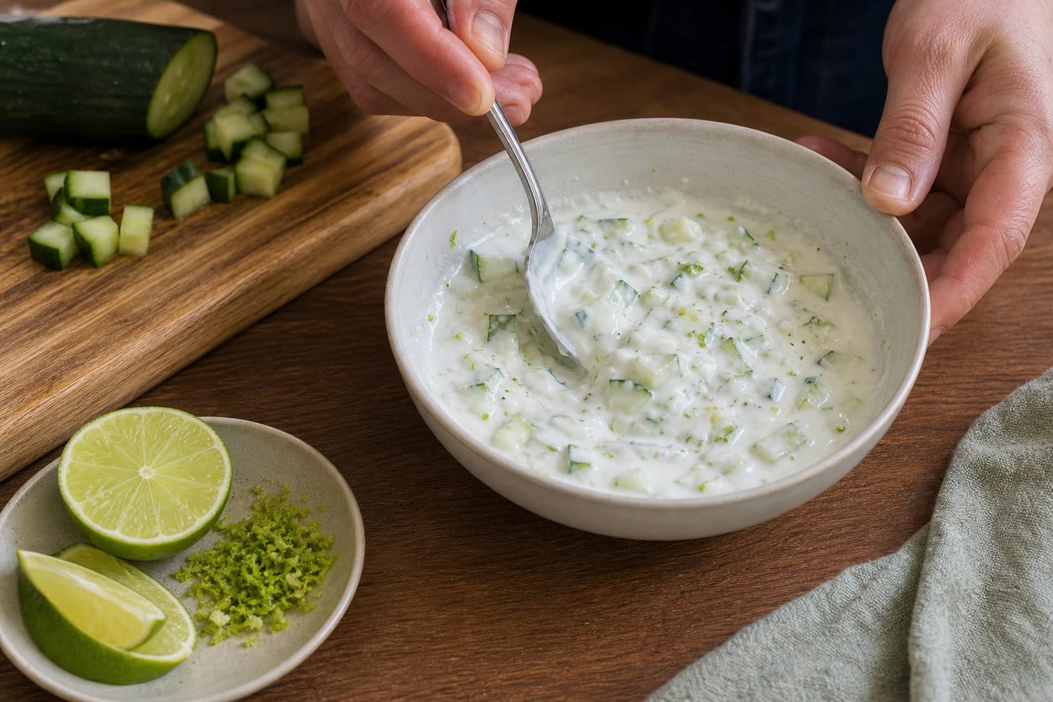 Chicken Lentil Spinach Curry Rice with Cucumber Yoghurt cooking step 6: Mix the cucumber yoghurt.