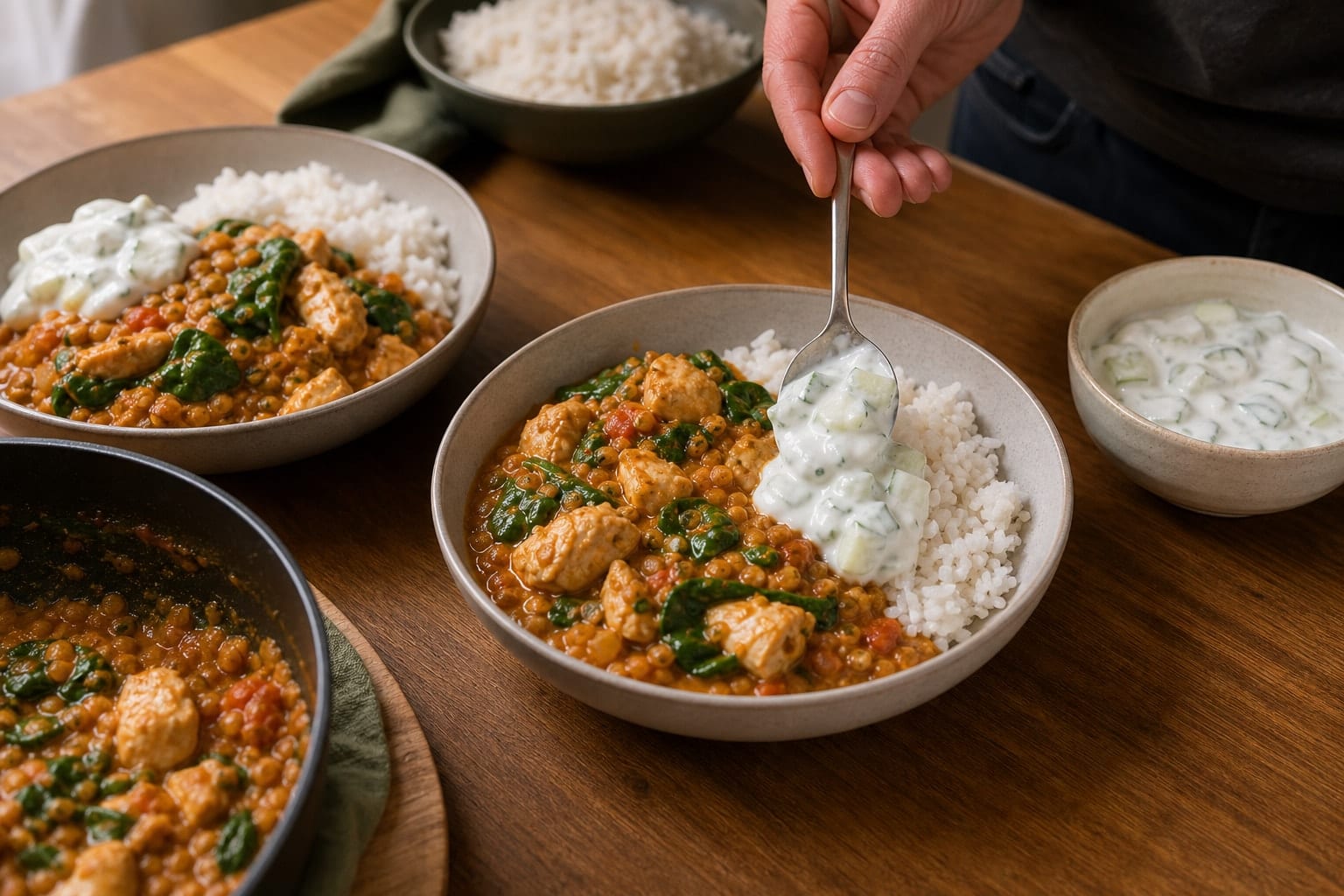 Chicken Lentil Spinach Curry Rice with Cucumber Yoghurt cooking step 7: Finish and serve.