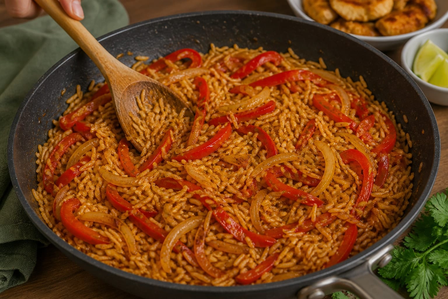 Chicken Pepper Fajita Rice with Lime and Yoghurt cooking step 4: Soften peppers and rice.