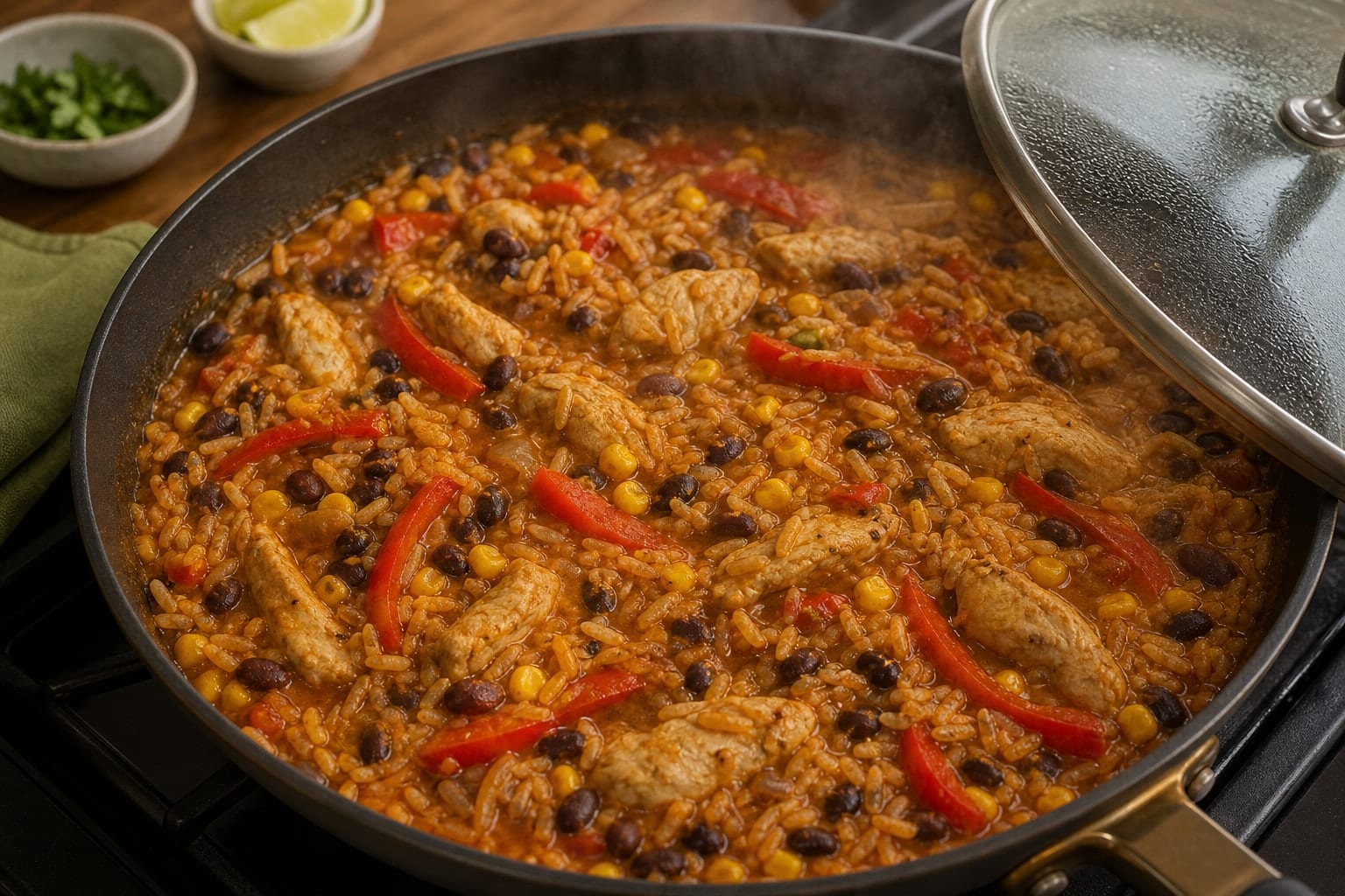 Chicken Pepper Fajita Rice with Lime and Yoghurt cooking step 5: Simmer with beans.