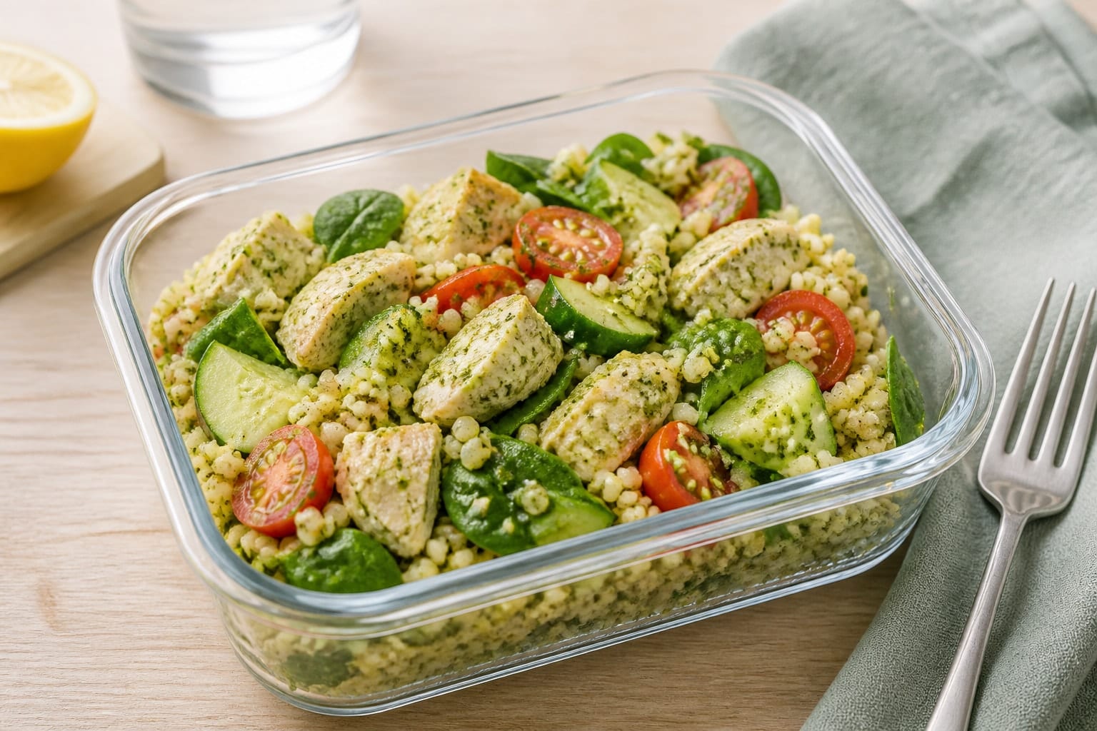 Chicken Pesto Couscous Salad Boxes with Cucumber.