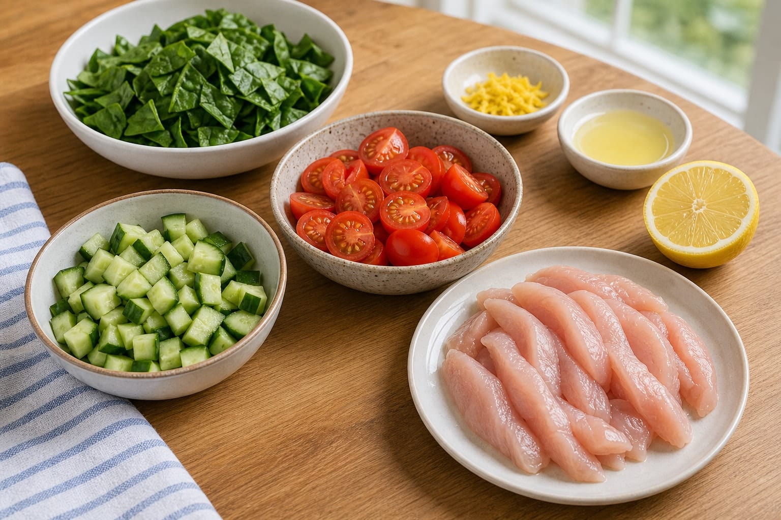 Chicken Pesto Couscous Salad Boxes with Cucumber cooking step 1: Prepare the salad ingredients.