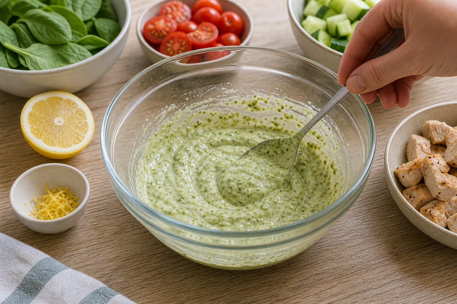 Chicken Pesto Couscous Salad Boxes with Cucumber cooking step 4: Mix the pesto dressing.