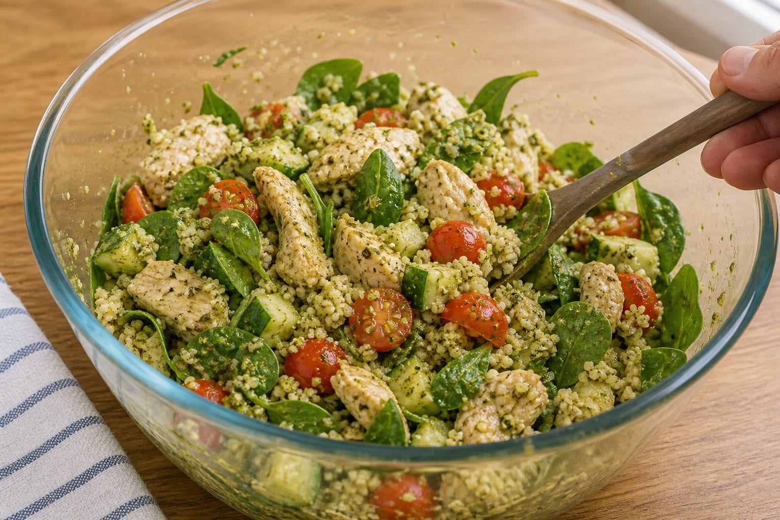 Chicken Pesto Couscous Salad Boxes with Cucumber cooking step 5: Fold the salad.