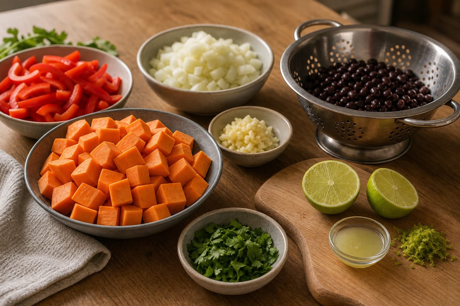 Coconut Black Bean Sweet Potato Stew with Lime Rice cooking step 1: Prepare the stew.