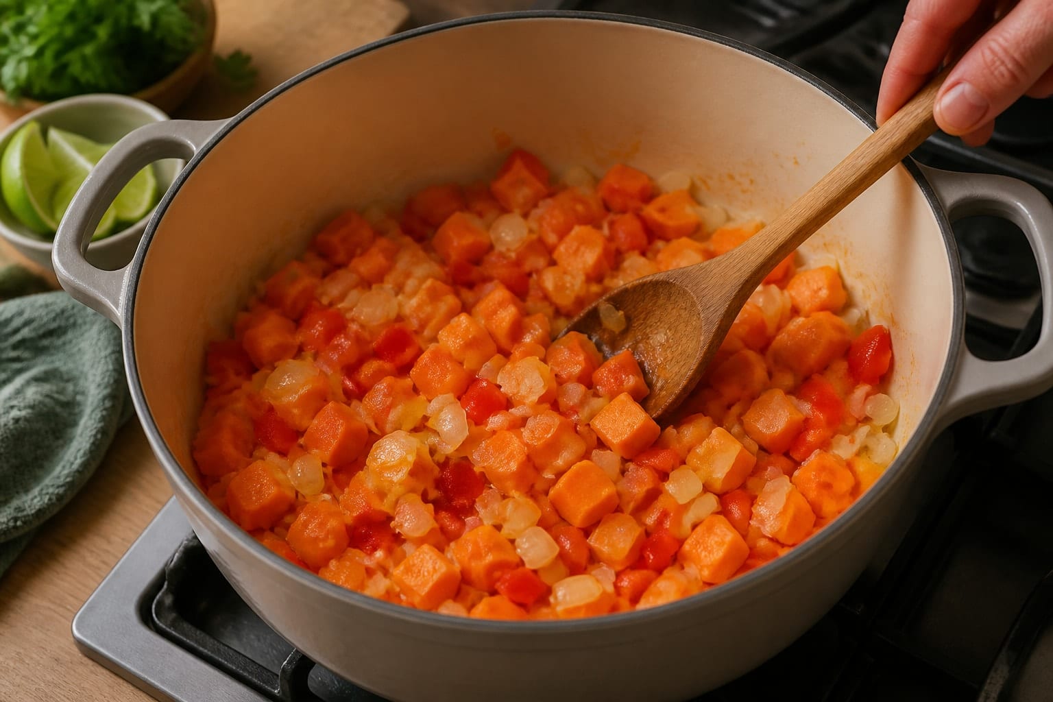 Coconut Black Bean Sweet Potato Stew with Lime Rice cooking step 3: Build the base.