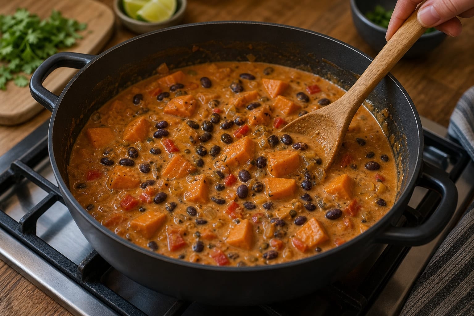 Coconut Black Bean Sweet Potato Stew with Lime Rice cooking step 4: Add spices and coconut.