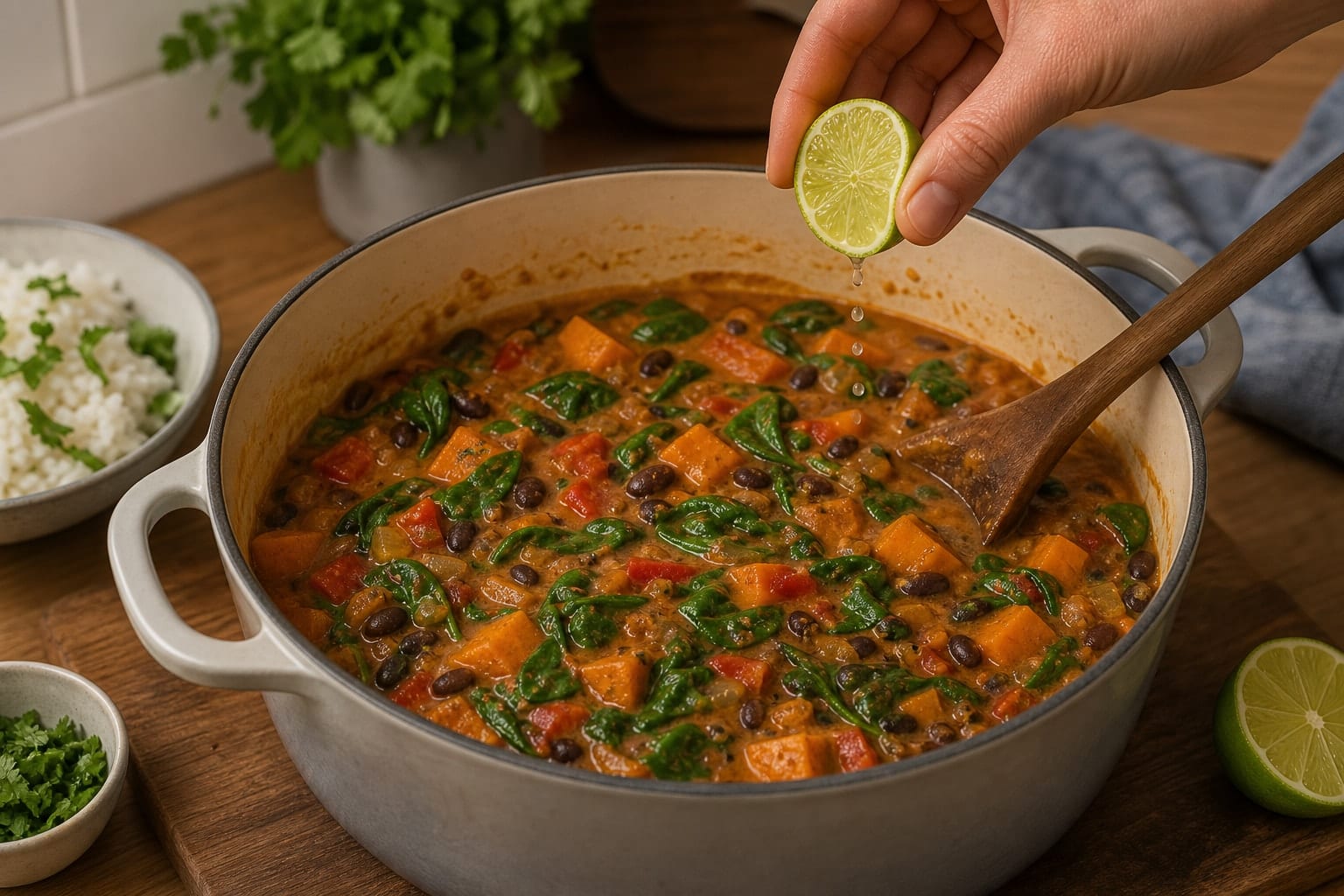 Coconut Black Bean Sweet Potato Stew with Lime Rice cooking step 5: Finish with spinach.