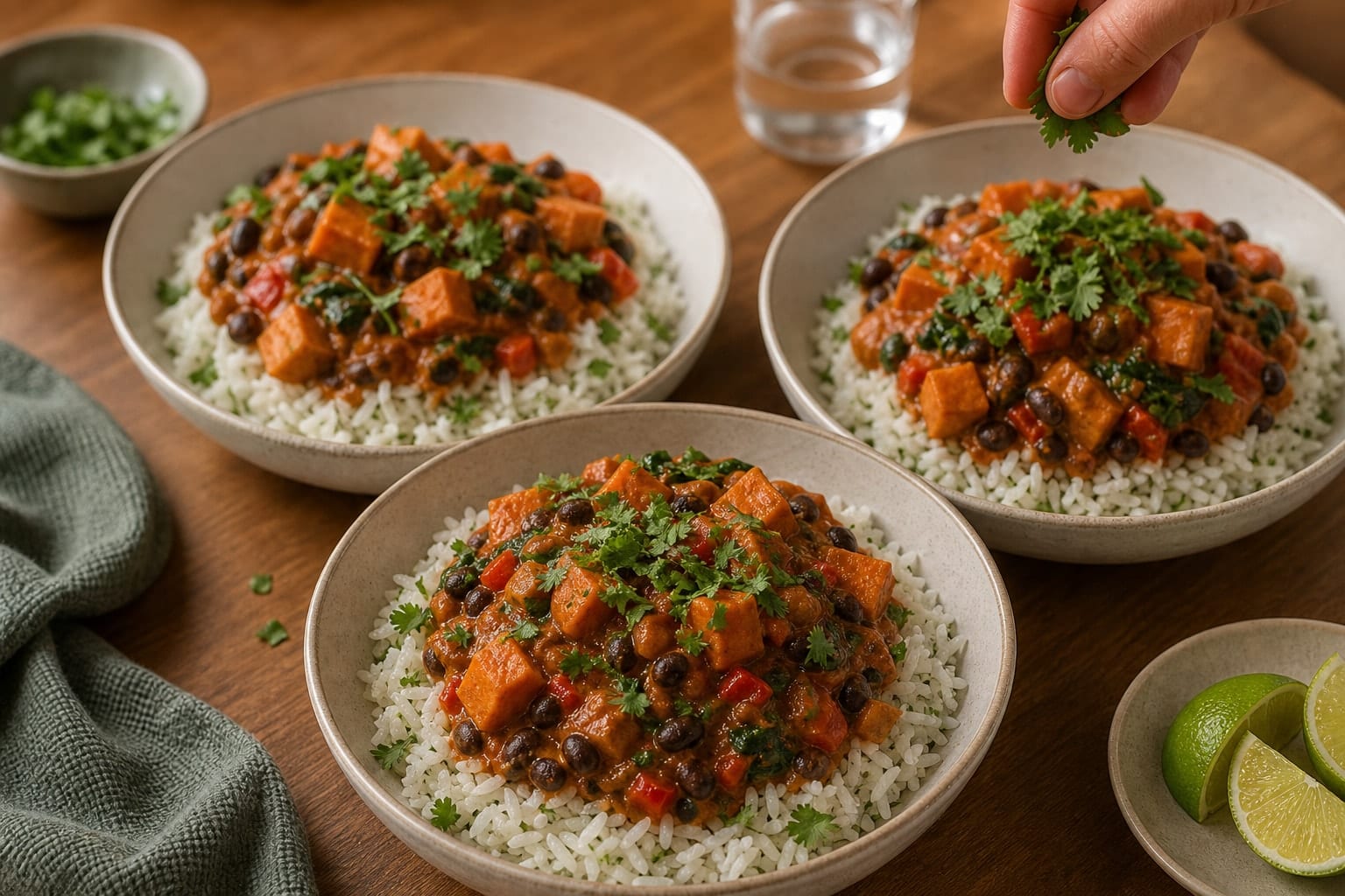 Coconut Black Bean Sweet Potato Stew with Lime Rice cooking step 6: Serve with lime rice.