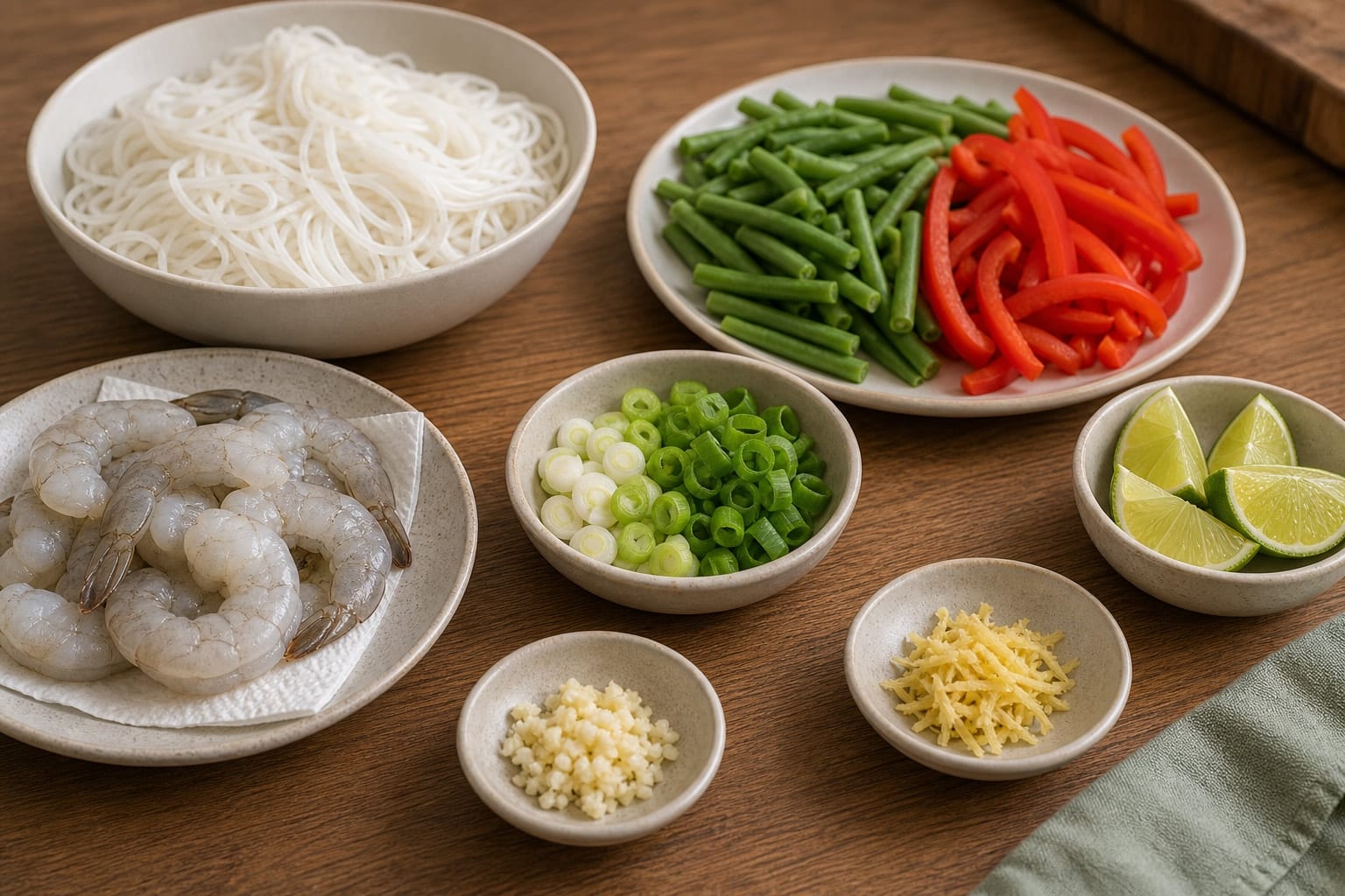 Coconut Prawn Rice Noodles with Green Beans and Lime cooking step 1: Prepare the noodles and vegetables.