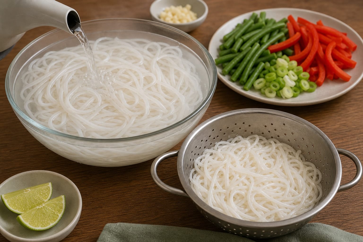 Coconut Prawn Rice Noodles with Green Beans and Lime cooking step 2: Soak the rice noodles.