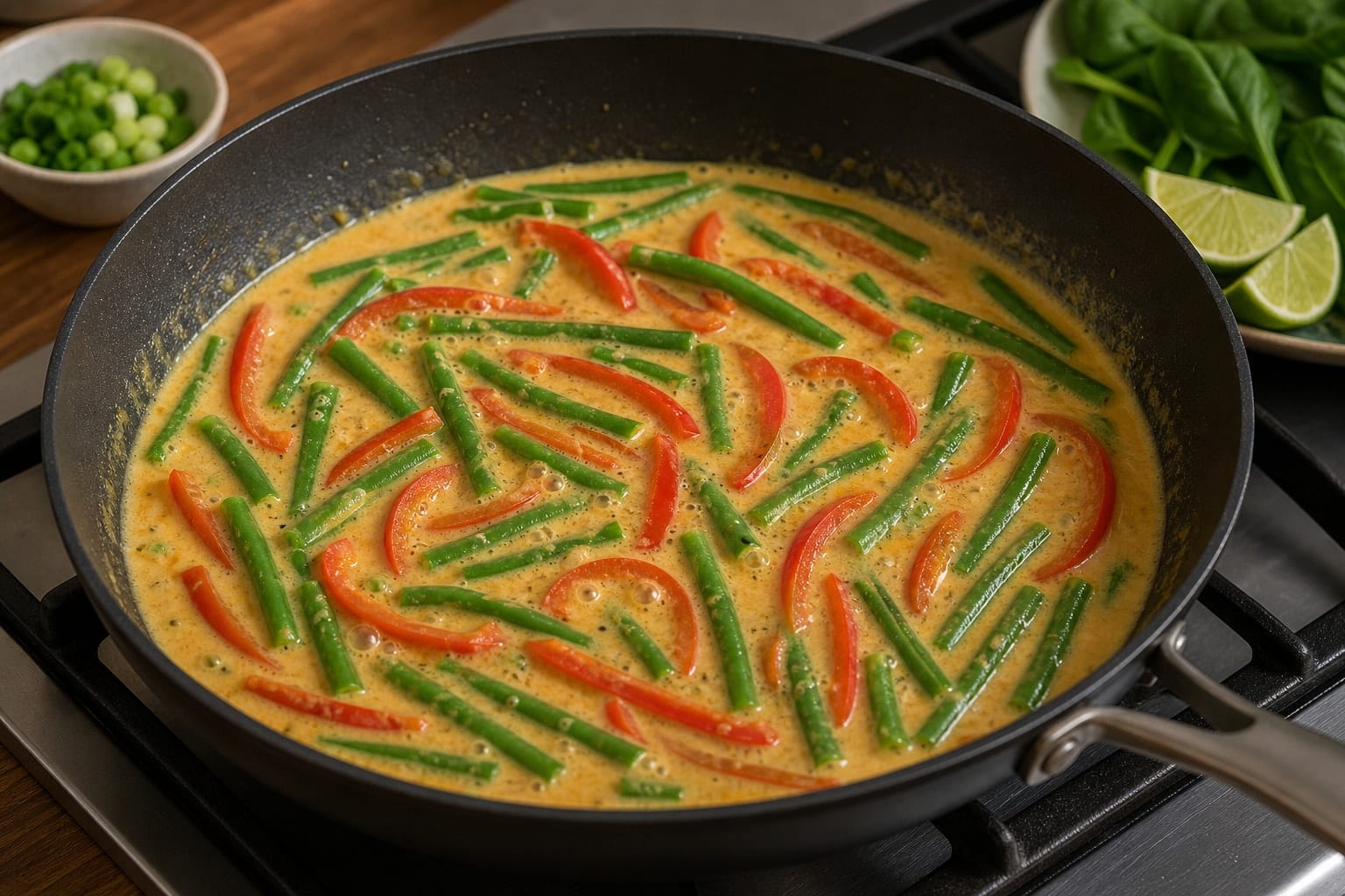 Coconut Prawn Rice Noodles with Green Beans and Lime cooking step 4: Simmer the vegetables.