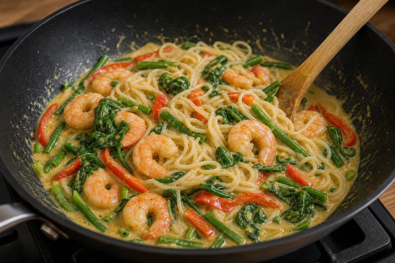 Coconut Prawn Rice Noodles with Green Beans and Lime cooking step 5: Cook the prawns and noodles.