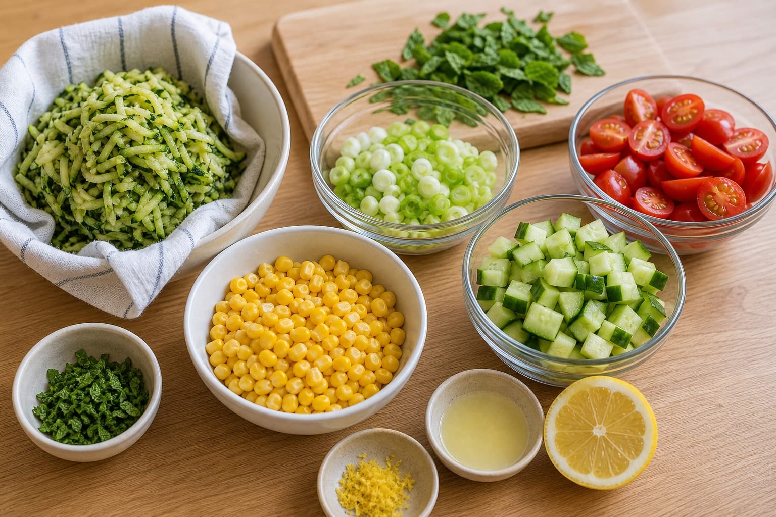 Courgette Sweetcorn Fritter Boxes with Tomato Salad cooking step 1: Prepare the vegetables.