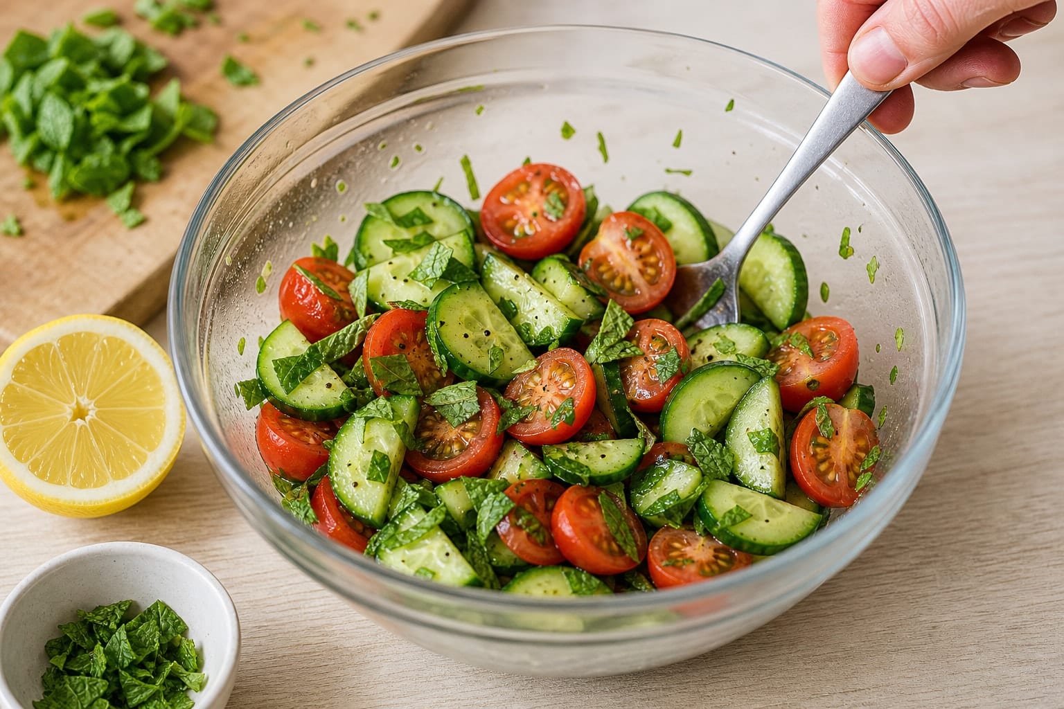 Courgette Sweetcorn Fritter Boxes with Tomato Salad cooking step 2: Make the salad.