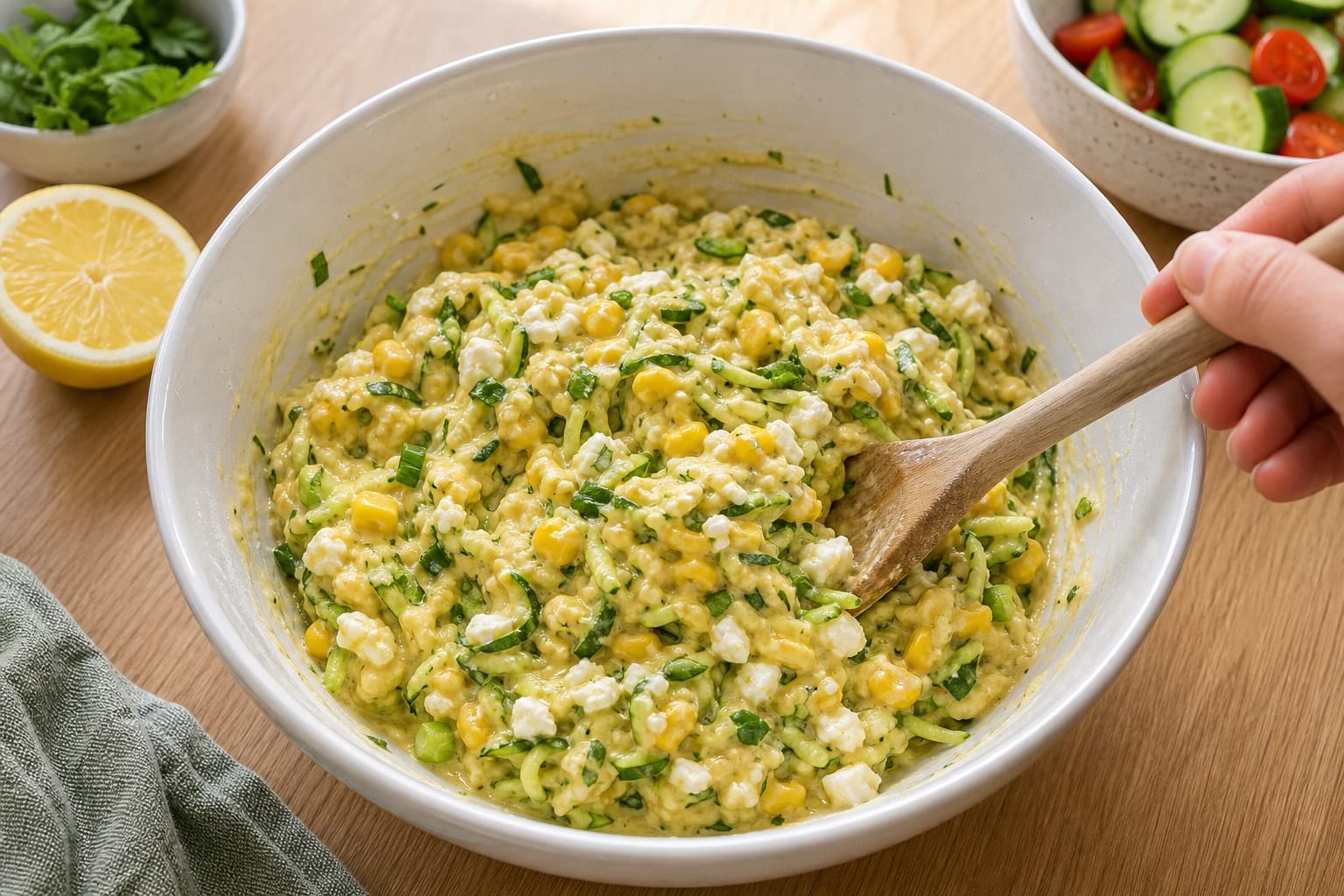 Courgette Sweetcorn Fritter Boxes with Tomato Salad cooking step 3: Mix the batter.
