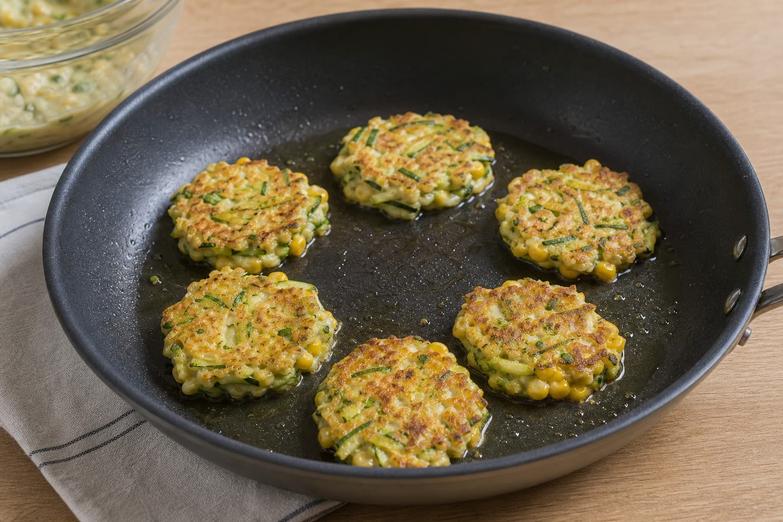 Courgette Sweetcorn Fritter Boxes with Tomato Salad cooking step 4: Fry the first batch.