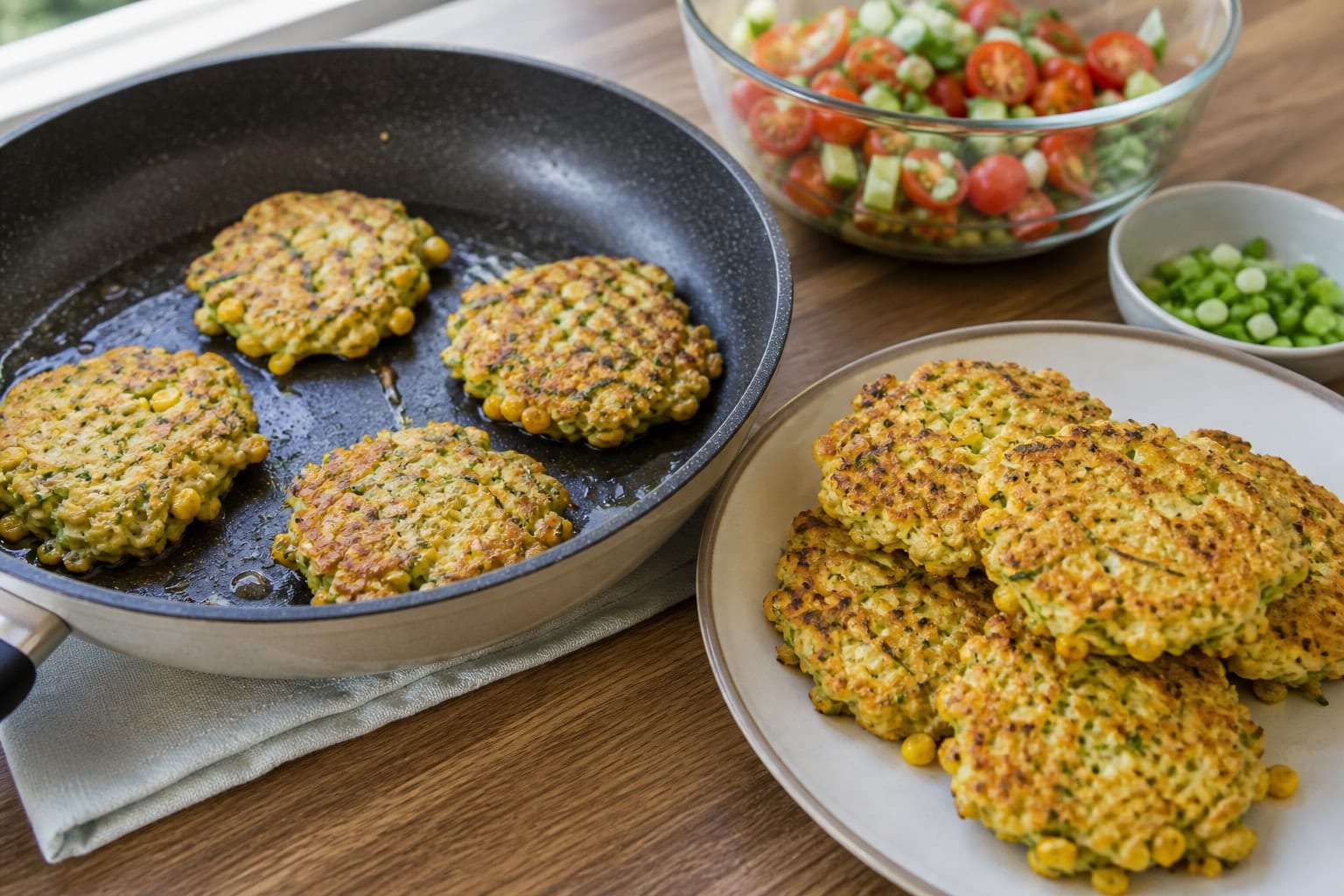 Courgette Sweetcorn Fritter Boxes with Tomato Salad cooking step 5: Cook the remaining fritters.