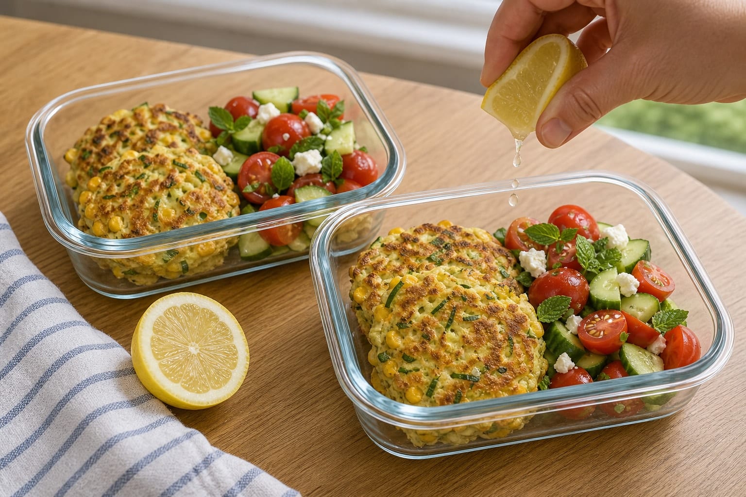 Courgette Sweetcorn Fritter Boxes with Tomato Salad cooking step 6: Pack the boxes.