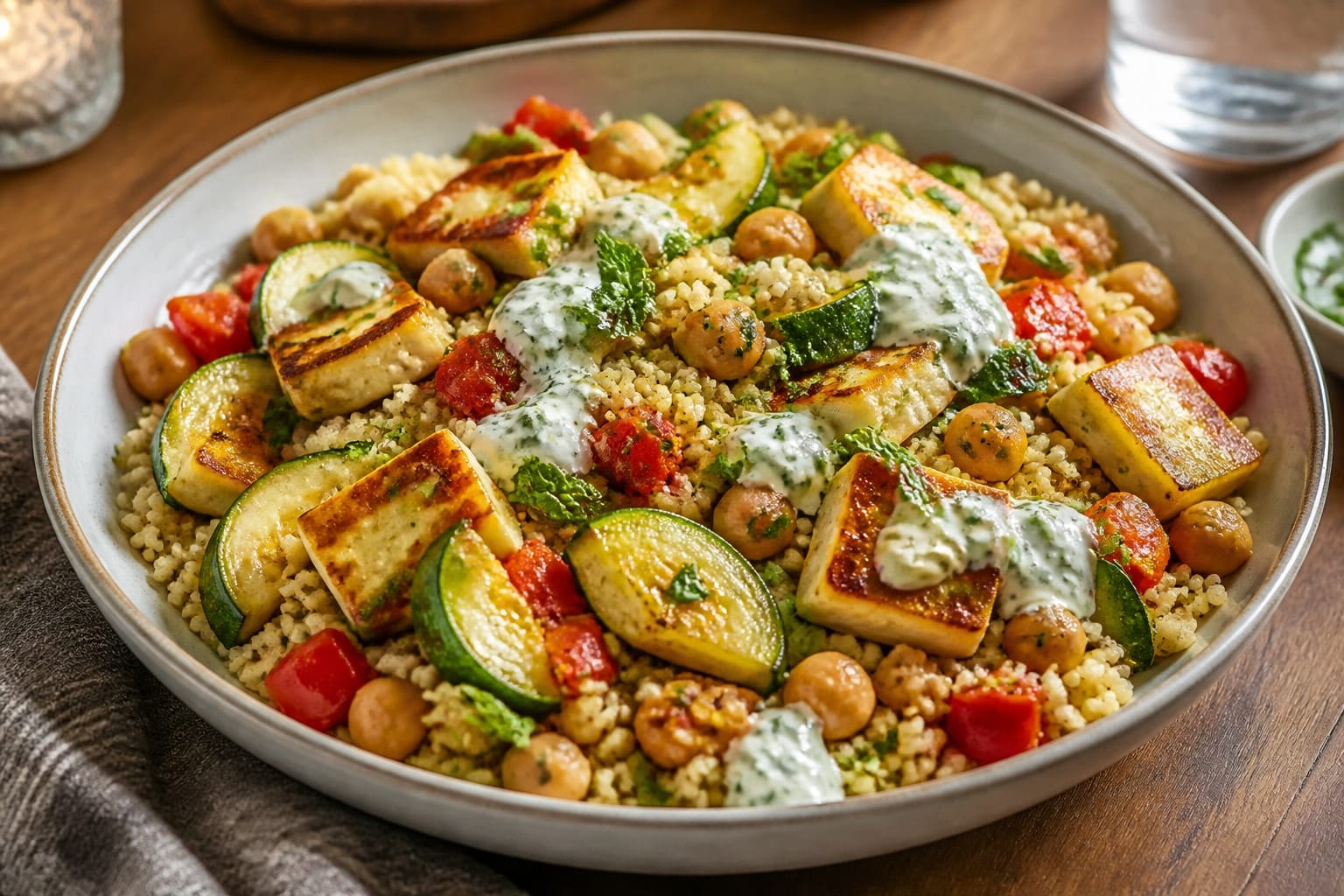 Halloumi Chickpea Couscous Tray with Lemon Mint plated and ready to serve.