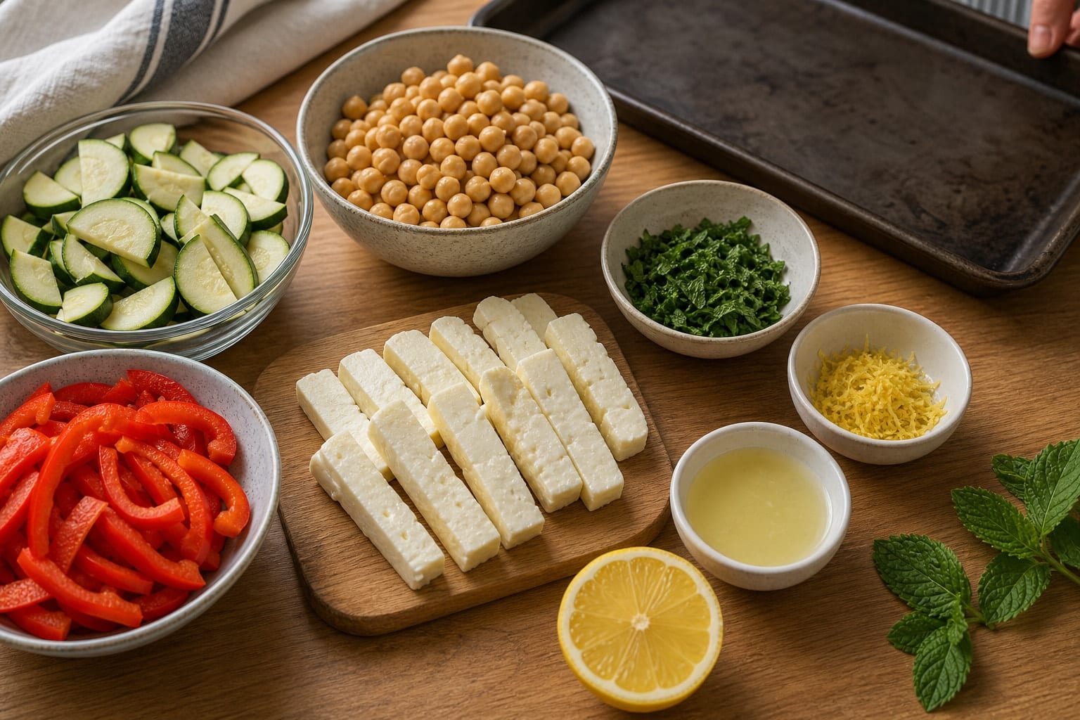 Halloumi Chickpea Couscous Tray with Lemon Mint cooking step 1: Prepare the tray.