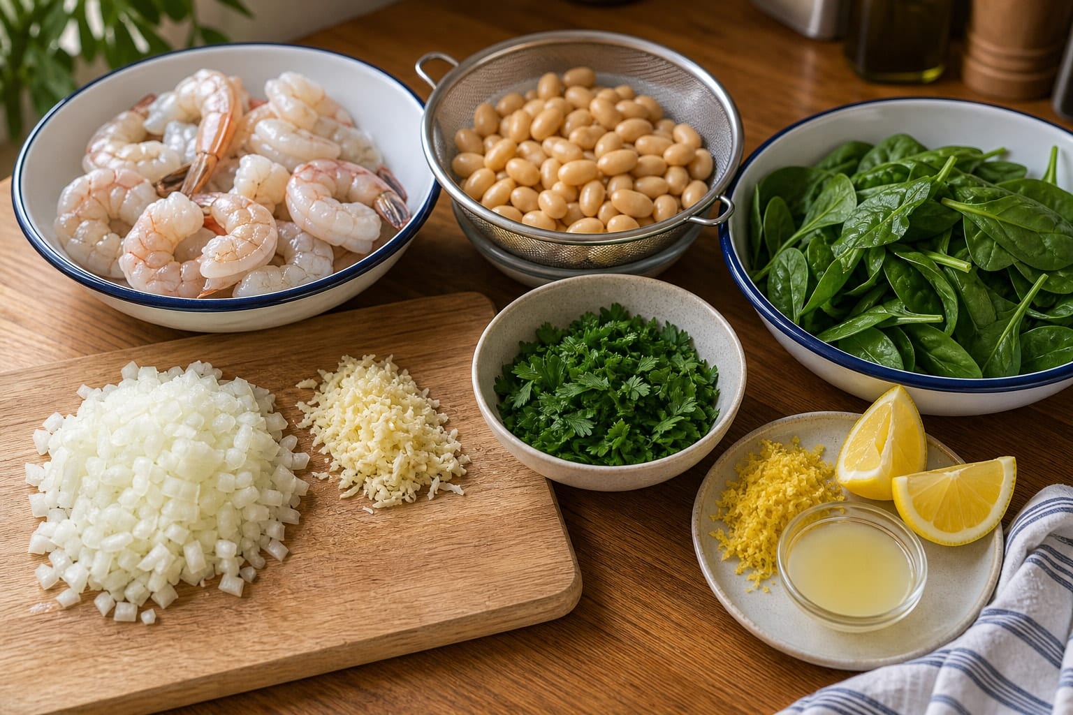 Garlic Prawn Butter Bean Stew with Tomato Rice cooking step 1: Prepare the stew.