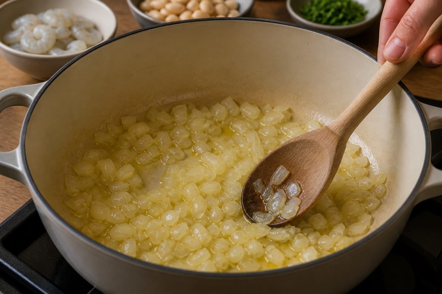 Garlic Prawn Butter Bean Stew with Tomato Rice cooking step 3: Soften the base.