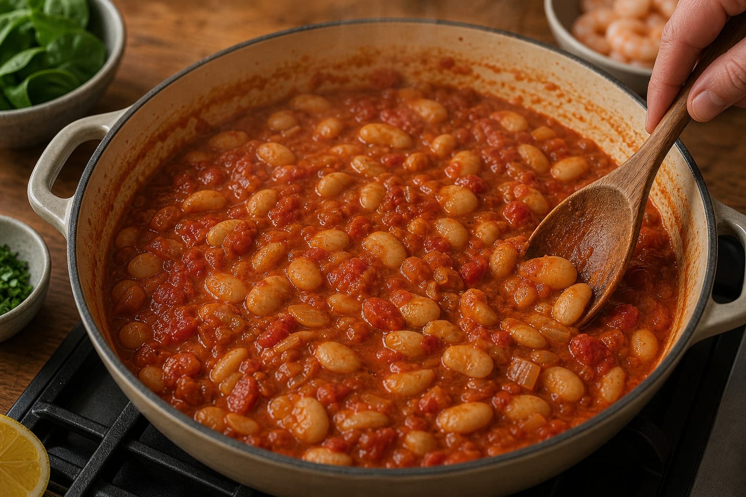 Garlic Prawn Butter Bean Stew with Tomato Rice cooking step 5: Simmer the beans.