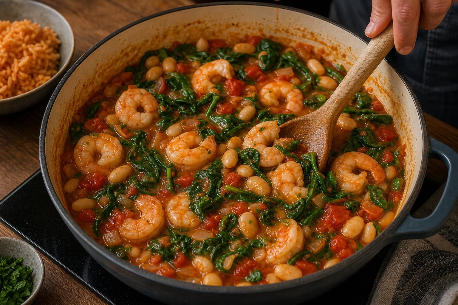 Garlic Prawn Butter Bean Stew with Tomato Rice cooking step 6: Cook the prawns.