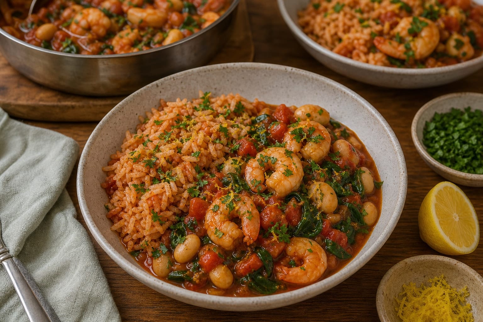Garlic Prawn Butter Bean Stew with Tomato Rice cooking step 7: Finish and serve.